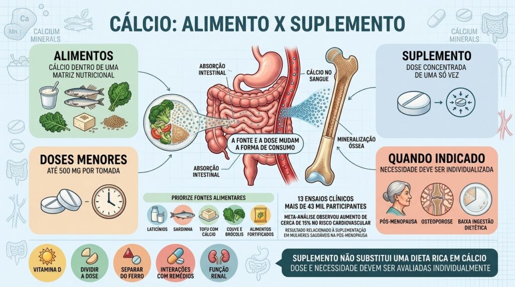 Cálcio alimentar e suplemento diferem na concentração, contexto de uso e segurança.