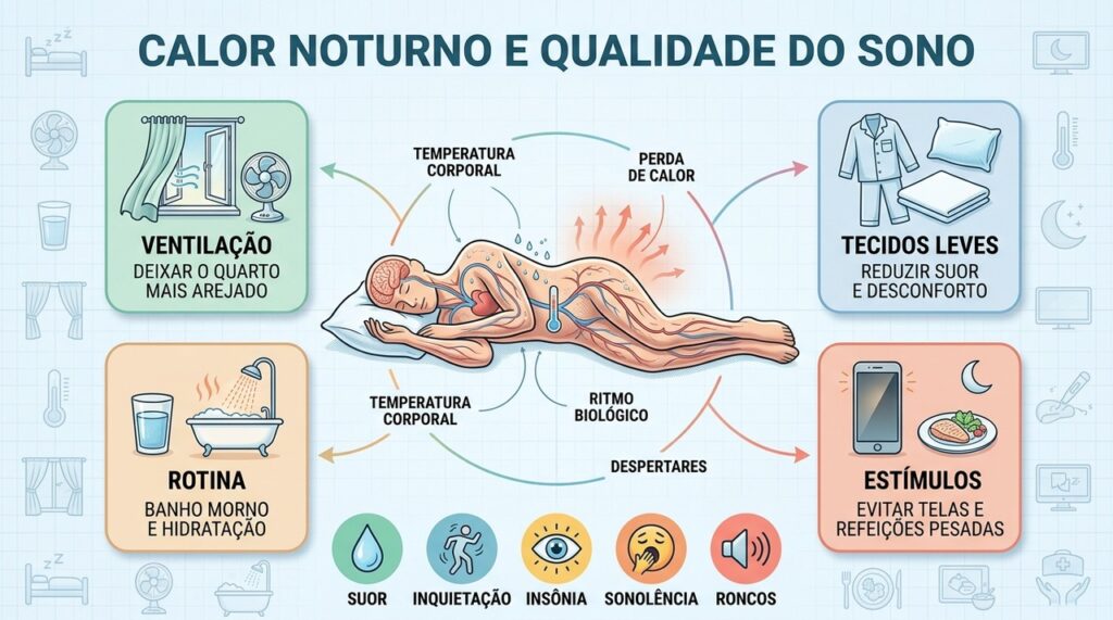 Ventilação, tecidos leves e rotina noturna favorecem noites menos quentes.
