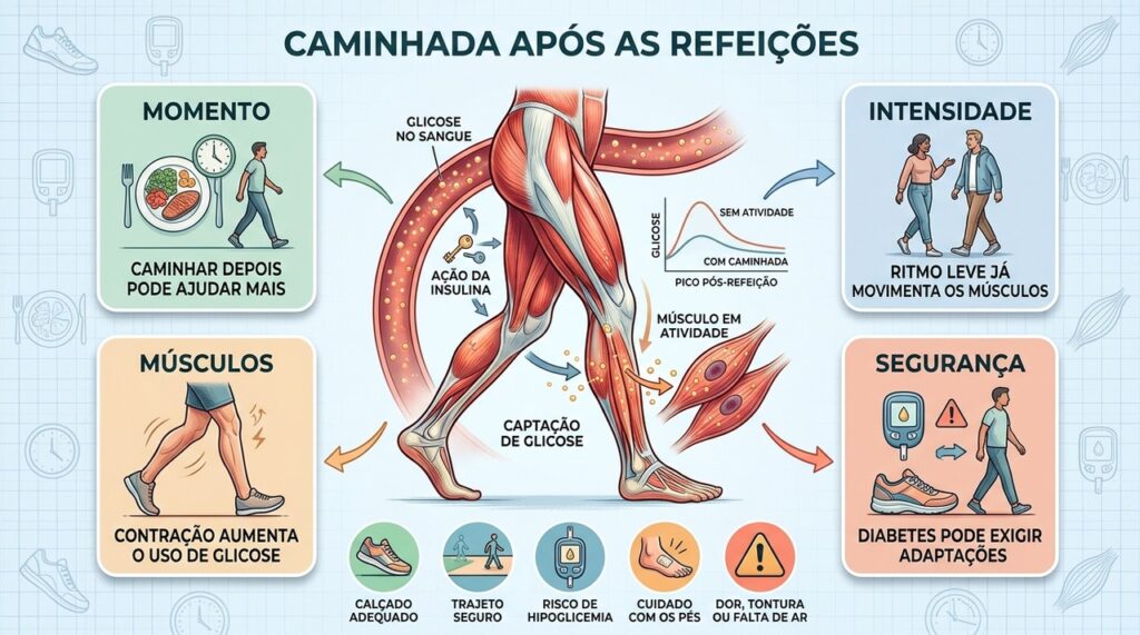 Momento, intensidade, ação muscular e segurança orientam a caminhada para controle glicêmico.