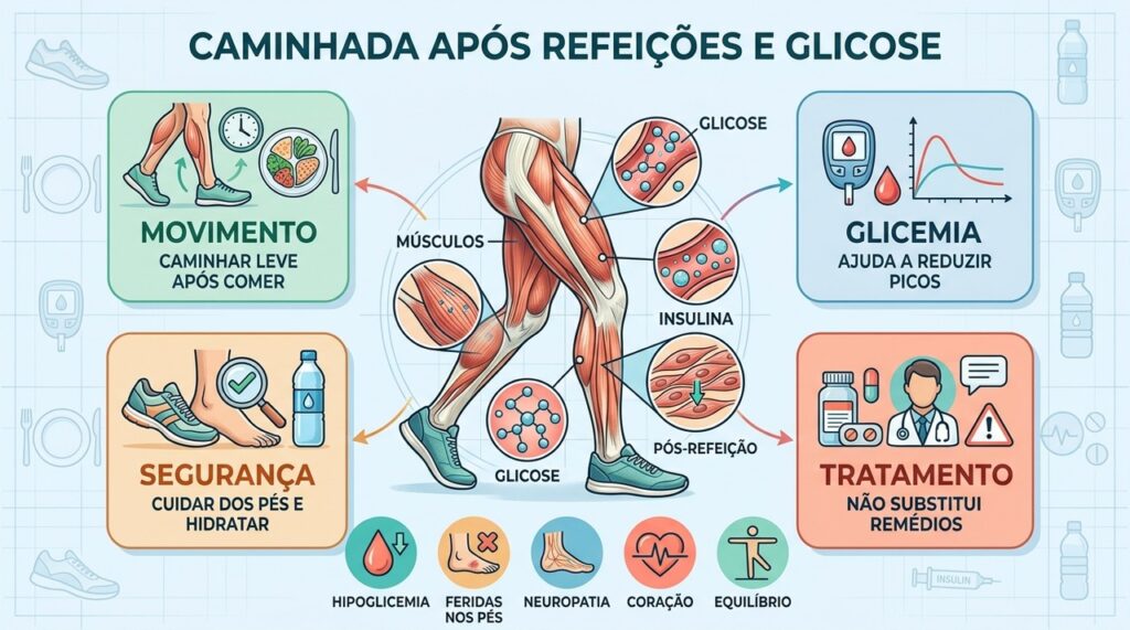 Músculos ativos, glicemia monitorada e cuidados com os pés orientam o exercício.