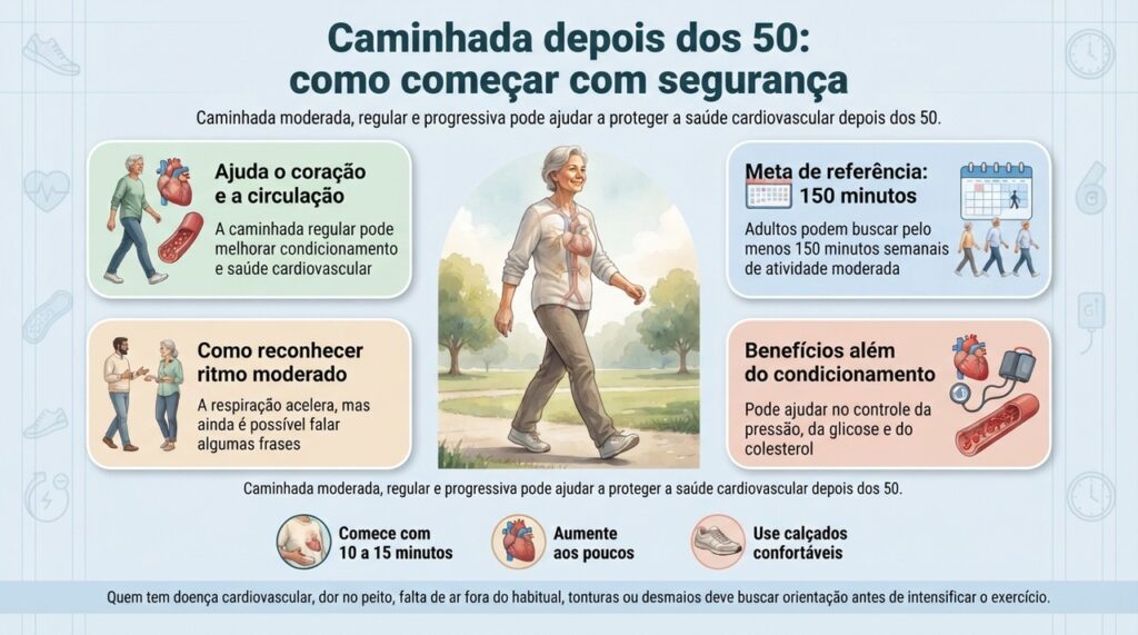 Caminhada moderada, regular e progressiva pode ajudar a proteger a saúde cardiovascular depois dos 50.