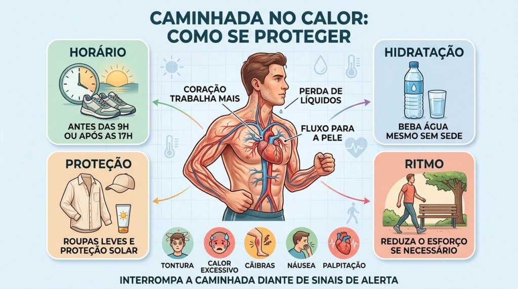 Horário, hidratação, proteção solar e ritmo ajudam a reduzir o estresse térmico.
