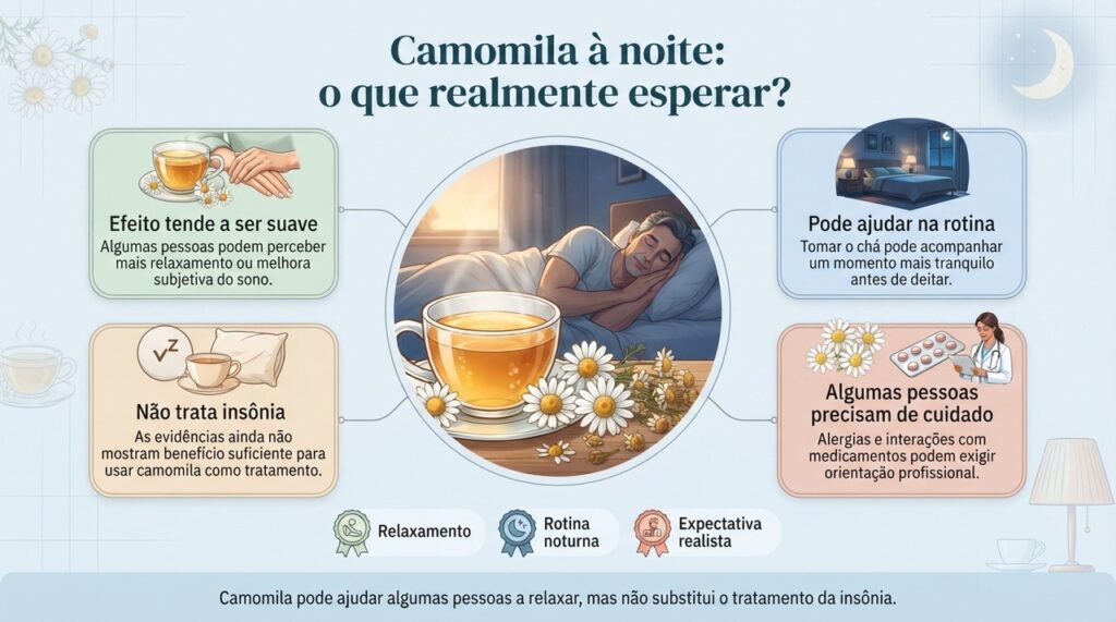 O chá de camomila pode contribuir para o relaxamento, mas seu efeito sobre o sono costuma ser discreto.