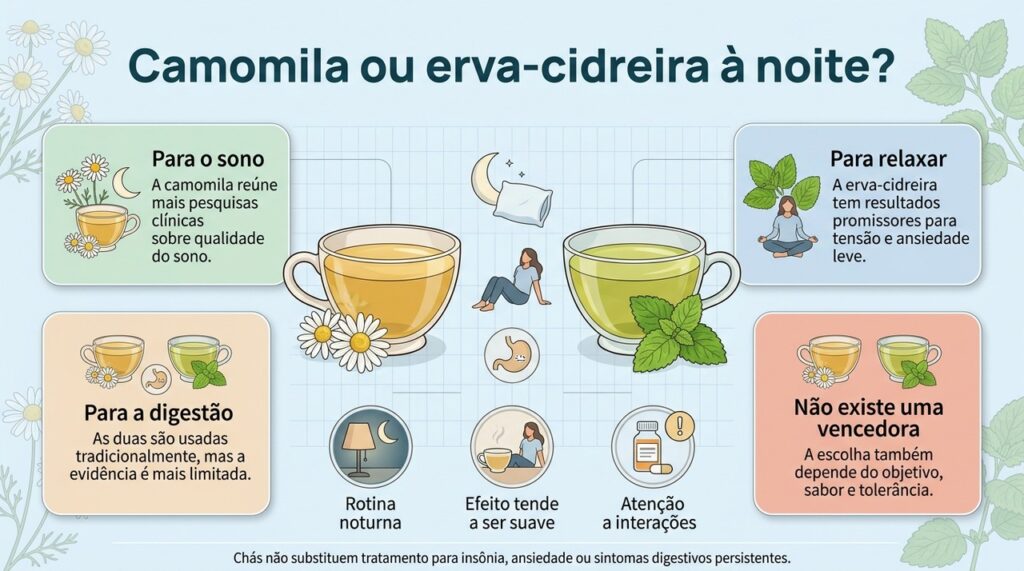 Camomila tem mais estudos sobre sono, enquanto a erva-cidreira apresenta resultados promissores para relaxamento e ansiedade leve.