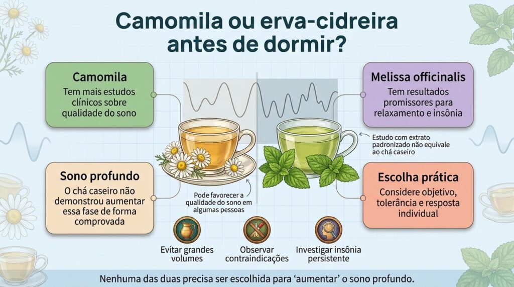 Camomila tem evidências mais amplas para qualidade do sono, enquanto a melissa reúne resultados promissores sem demonstrar superioridade direta.