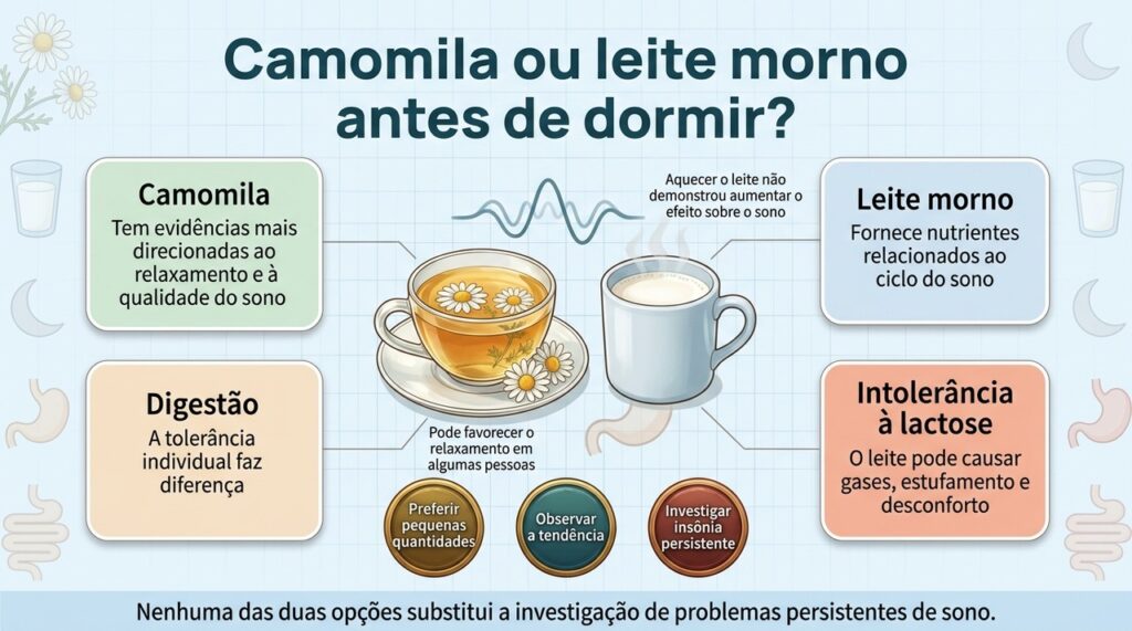 Camomila pode favorecer o relaxamento, enquanto o leite morno pode ser uma opção confortável para quem o digere bem.