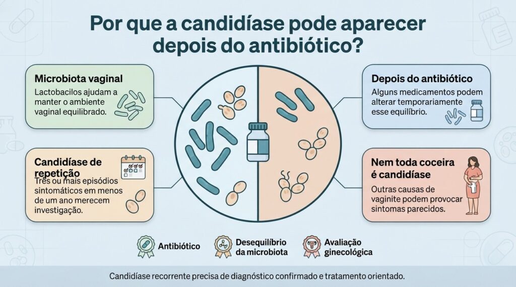 O antibiótico pode favorecer desequilíbrio da microbiota vaginal, mas episódios recorrentes precisam ser avaliados para confirmar a causa.