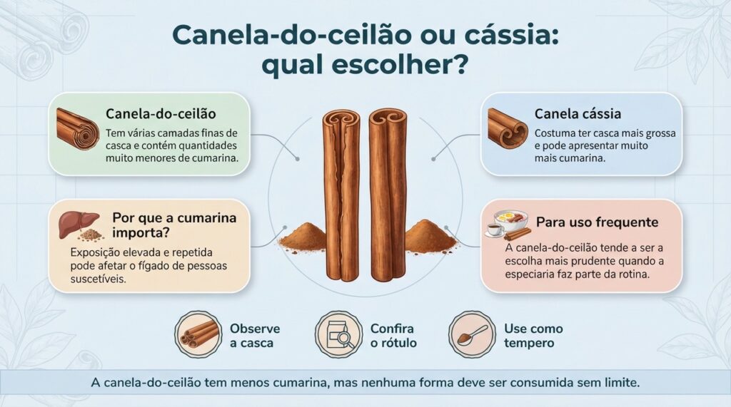 A principal diferença prática está no teor de cumarina, que costuma ser muito menor na canela-do-ceilão.