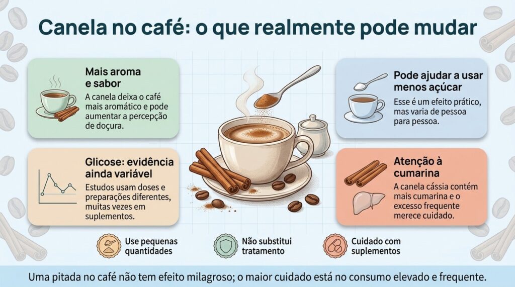 A canela pode acrescentar sabor ao café, mas seus possíveis efeitos metabólicos não substituem alimentação equilibrada nem tratamento.