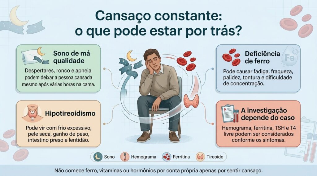 A investigação do cansaço persistente depende dos sintomas, do histórico e, quando necessário, de exames direcionados.