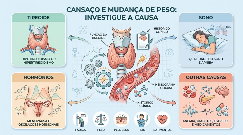 Tireoide, sono, hormônios, anemia e metabolismo ajudam a orientar a investigação.