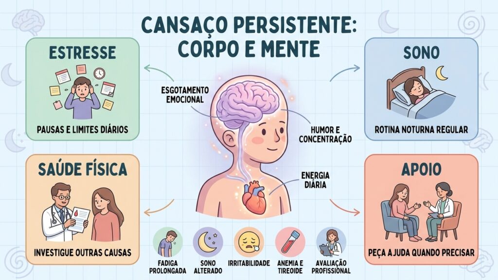 Estresse, sono, saúde física e apoio profissional ajudam a investigar o cansaço persistente.