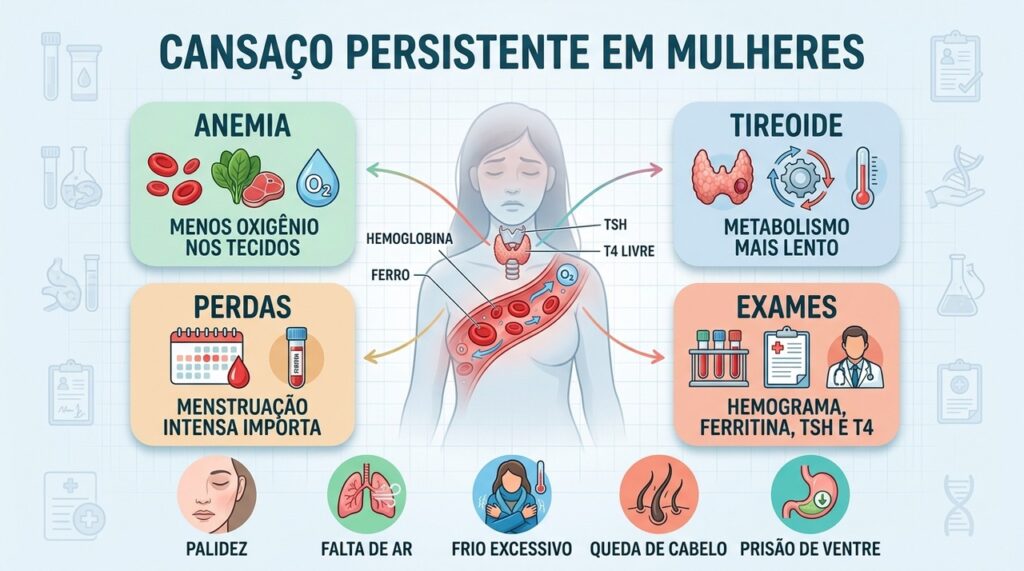 Anemia, tireoide, menstruação intensa e exames orientam a investigação.