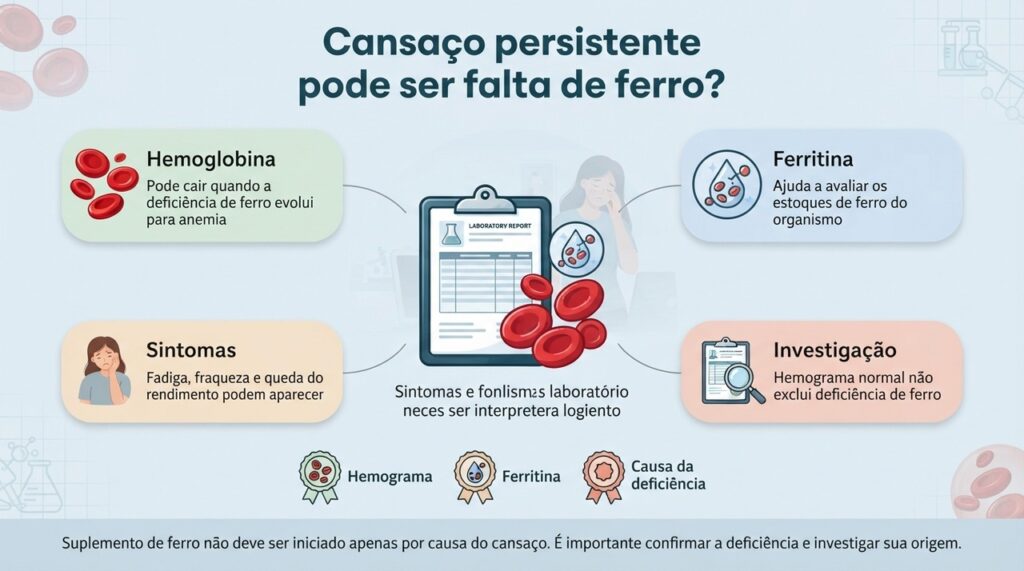 Cansaço persistente pode aparecer antes mesmo de uma anemia evidente, e a ferritina ajuda a avaliar os estoques de ferro.