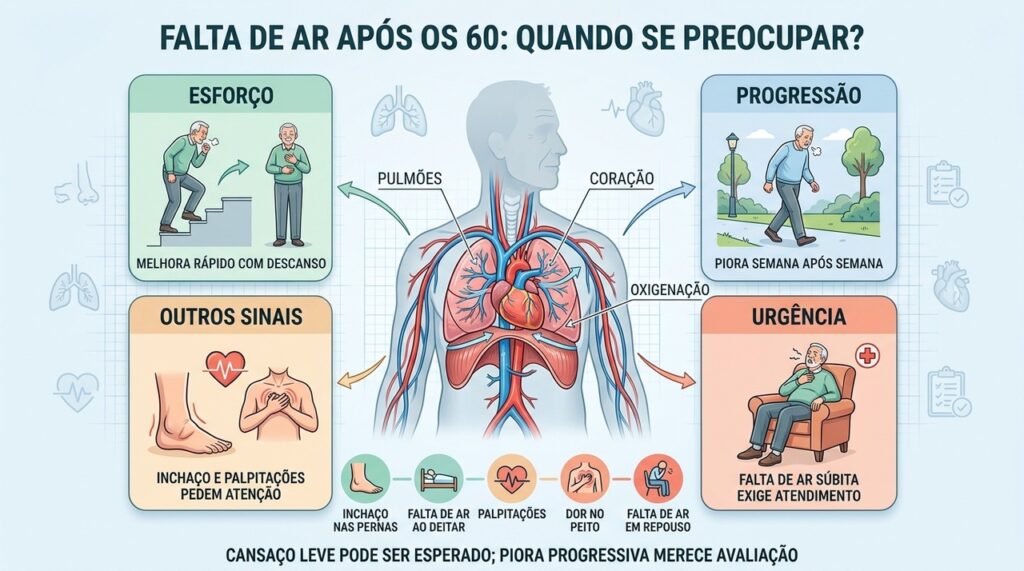 Progressão, inchaço, palpitações e falta de ar em repouso são sinais de alerta.
