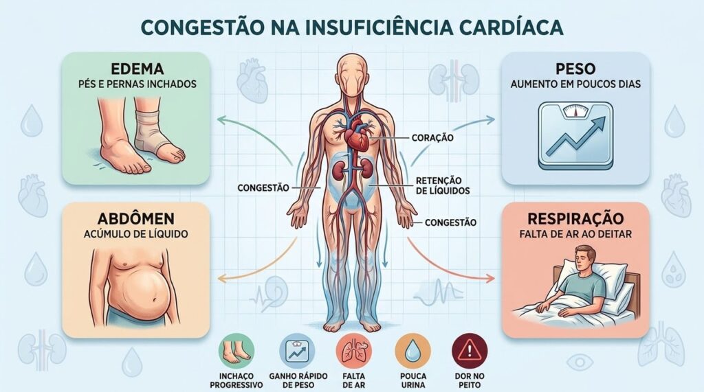Edema, ganho rápido de peso e falta de ar podem indicar maior congestão.