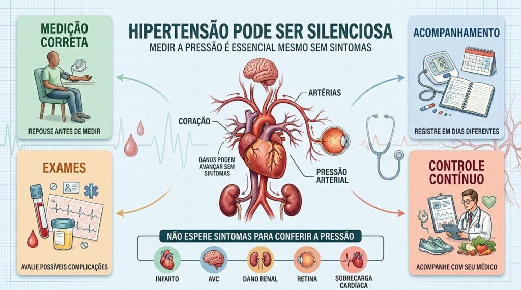 Medição regular e exames ajudam a prevenir danos silenciosos da pressão elevada.