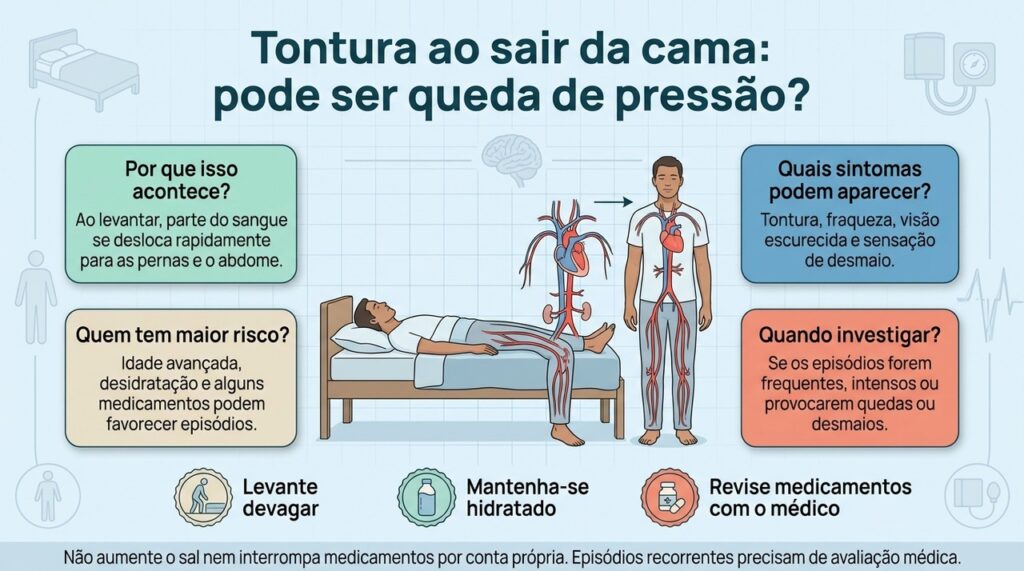A hipotensão postural pode causar tontura e fraqueza ao levantar, mas sintomas recorrentes precisam ser investigados para identificar a causa.