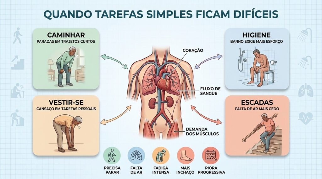 Falta de ar, fadiga e pausas crescentes sinalizam menor tolerância aos esforços.