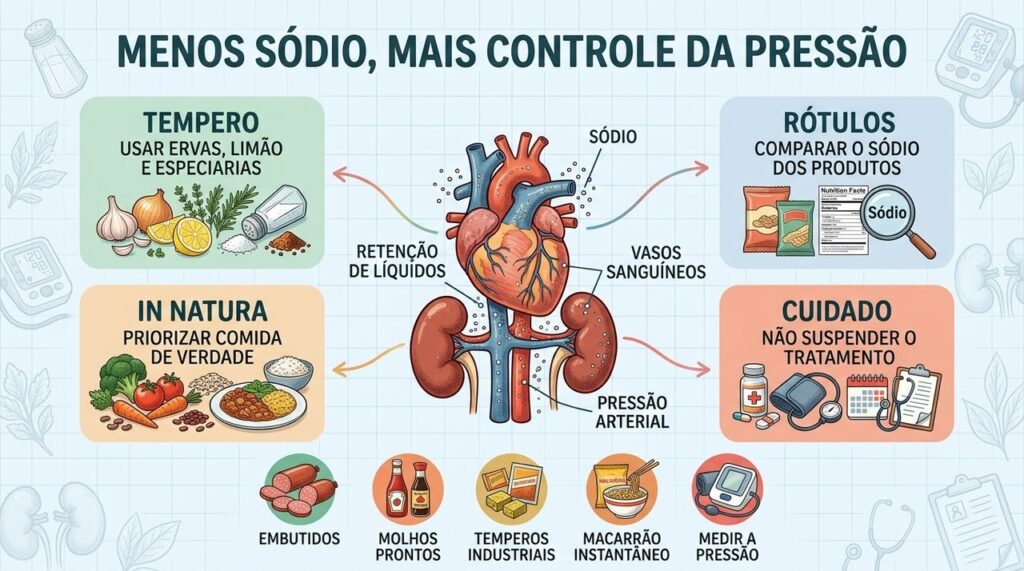 Menos sódio, comida in natura e acompanhamento mantêm a pressão sob controle.