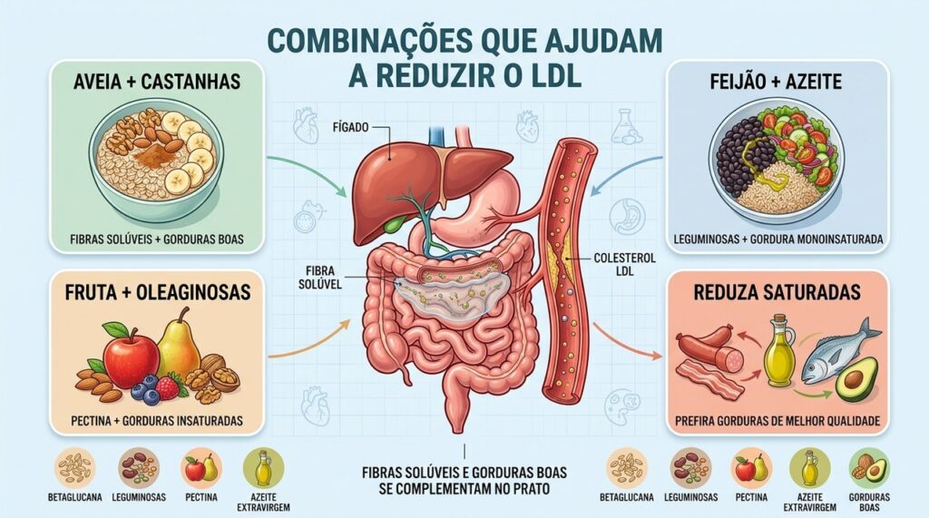 Aveia, leguminosas, frutas e gorduras boas ajudam no controle alimentar do LDL.
