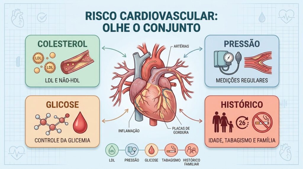 Colesterol, pressão, glicose e histórico familiar devem ser analisados juntos para estimar o risco cardiovascular.