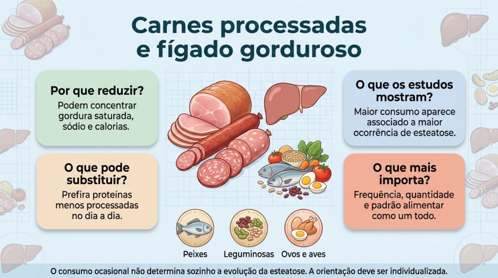 Reduzir carnes processadas e priorizar alimentos menos processados pode ajudar a compor uma dieta mais adequada para o fígado gorduroso.