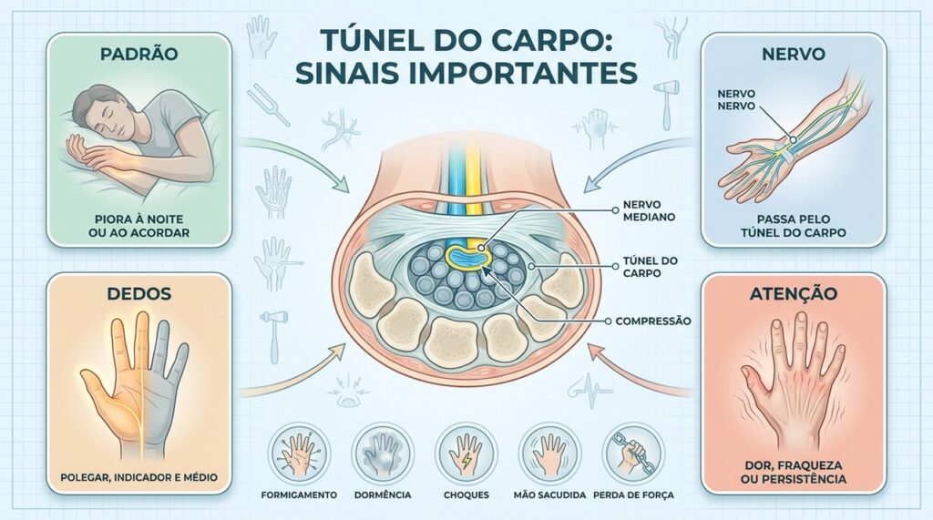 O padrão dos dedos afetados e os sintomas noturnos orientam a investigação do túnel do carpo.