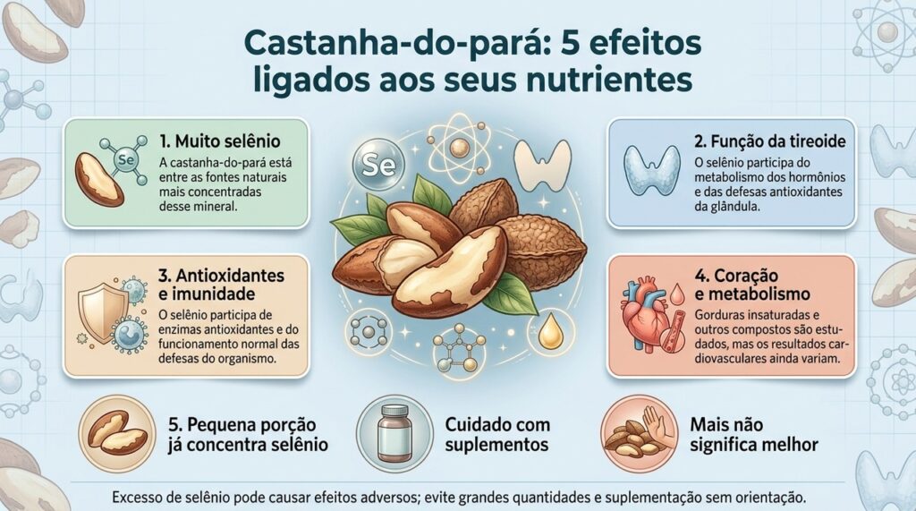 A castanha-do-pará é muito rica em selênio, mas seus possíveis benefícios dependem de consumo adequado e não aumentam indefinidamente com a quantidade.