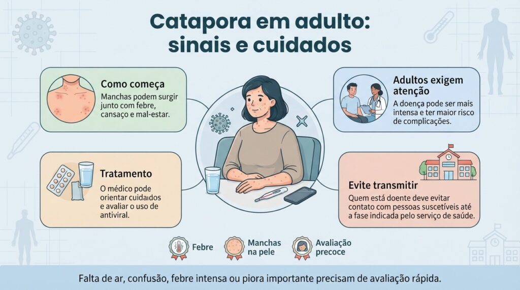 Em adultos, a catapora pode ser mais intensa e merece avaliação principalmente quando surgem sinais de piora.