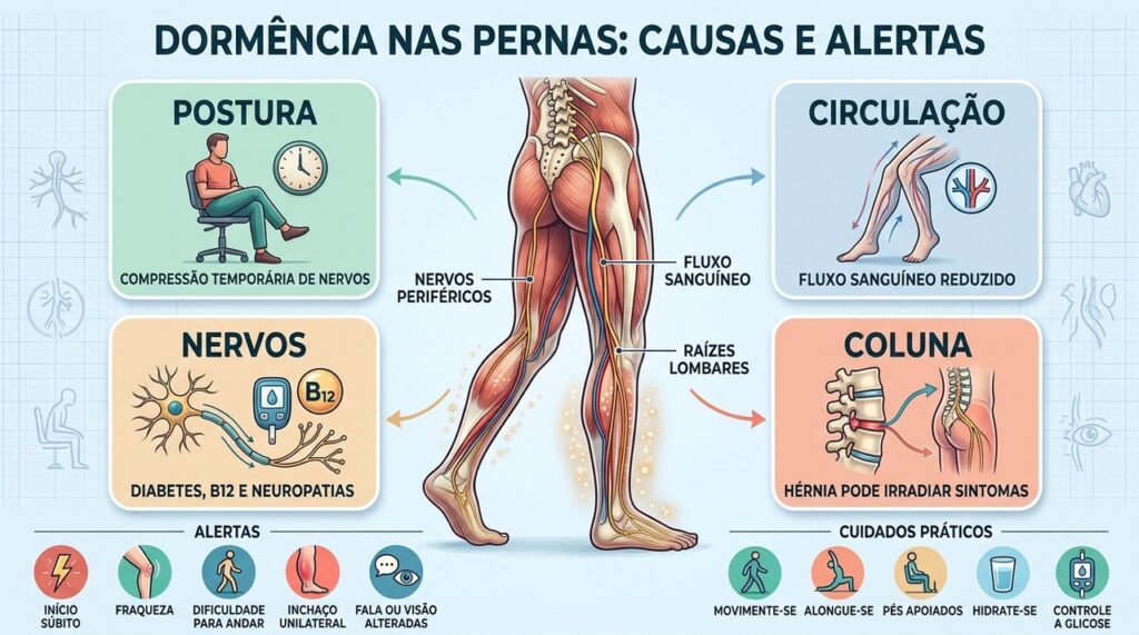 Postura, circulação, neuropatias e alterações lombares estão entre as causas de dormência.