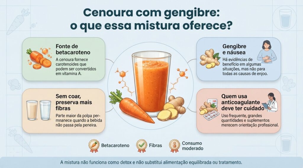 A bebida reúne nutrientes da cenoura e compostos do gengibre, mas seus efeitos dependem da forma de preparo e da quantidade consumida.