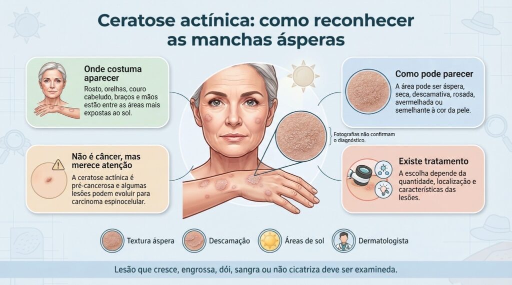 Ceratoses actínicas surgem após dano solar acumulado e devem ser avaliadas porque algumas podem evoluir para câncer de pele.