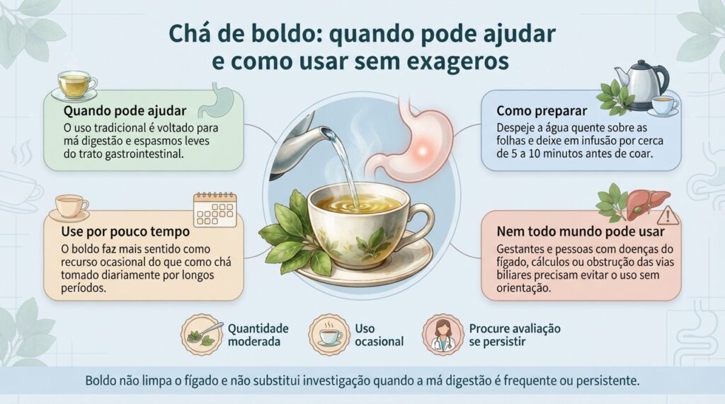 O chá de boldo pode ser usado ocasionalmente para má digestão leve, mas não deve substituir avaliação quando os sintomas persistem.