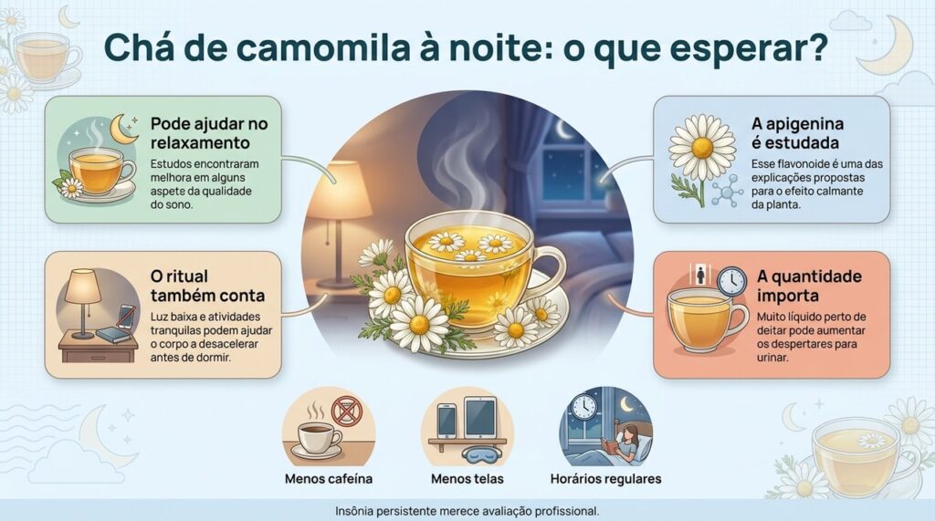 A camomila pode contribuir para o relaxamento, mas hábitos de sono e avaliação das causas da insônia continuam sendo fundamentais.