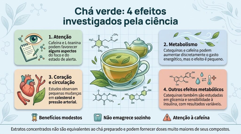 Os efeitos estudados do chá verde tendem a ser modestos e devem ser entendidos como complemento de uma rotina saudável.