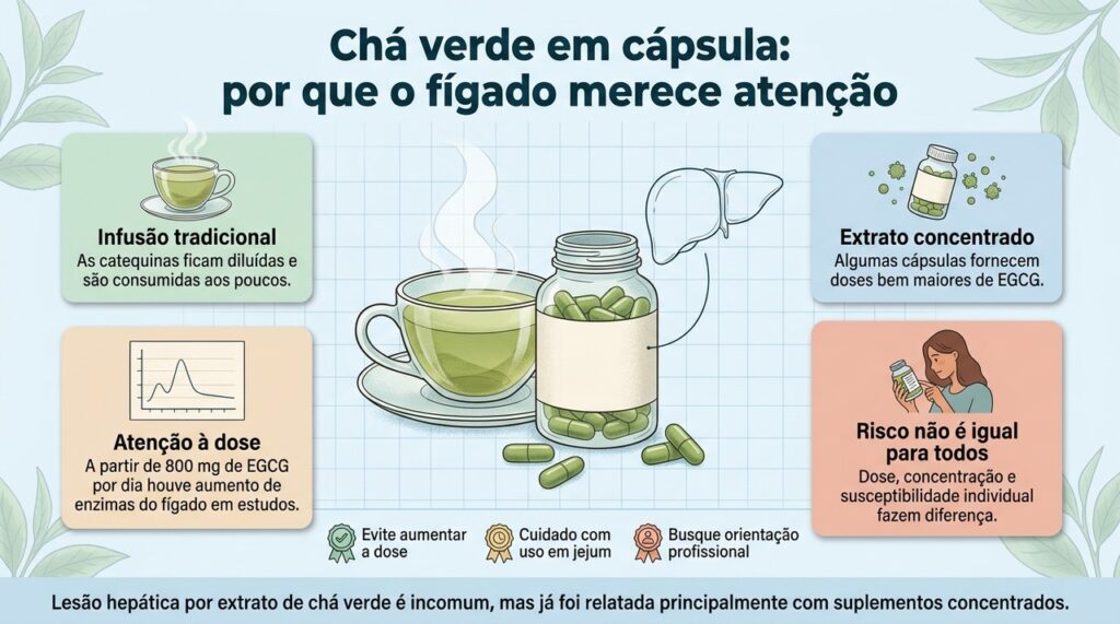 O risco para o fígado está relacionado principalmente a extratos concentrados e doses elevadas de EGCG.