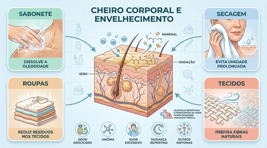 Higiene, tecidos respiráveis e atenção a mudanças ajudam a controlar o odor corporal.