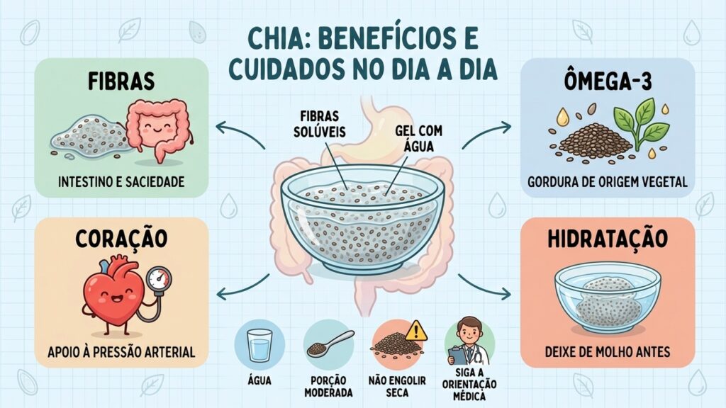 Quatro cuidados com a chia: fibras, ômega-3, hidratação e consumo seguro em porções moderadas.