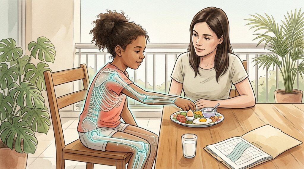 Sol, alimentação e acompanhamento pediátrico apoiam o desenvolvimento saudável do esqueleto infantil.