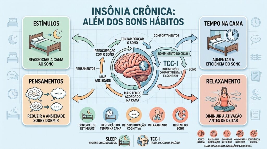 Controle de estímulos, tempo na cama, cognição e relaxamento estruturam a TCC-I.