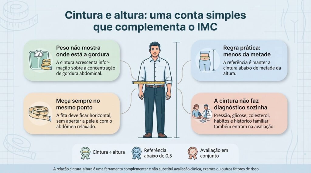 A relação cintura-altura pode ajudar a identificar excesso de gordura abdominal mesmo quando o peso parece adequado.