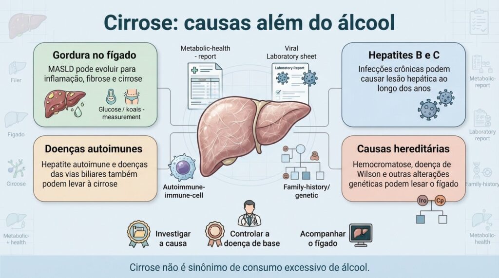 Diferentes doenças podem provocar fibrose progressiva e chegar à cirrose, por isso descobrir a causa faz parte do cuidado.