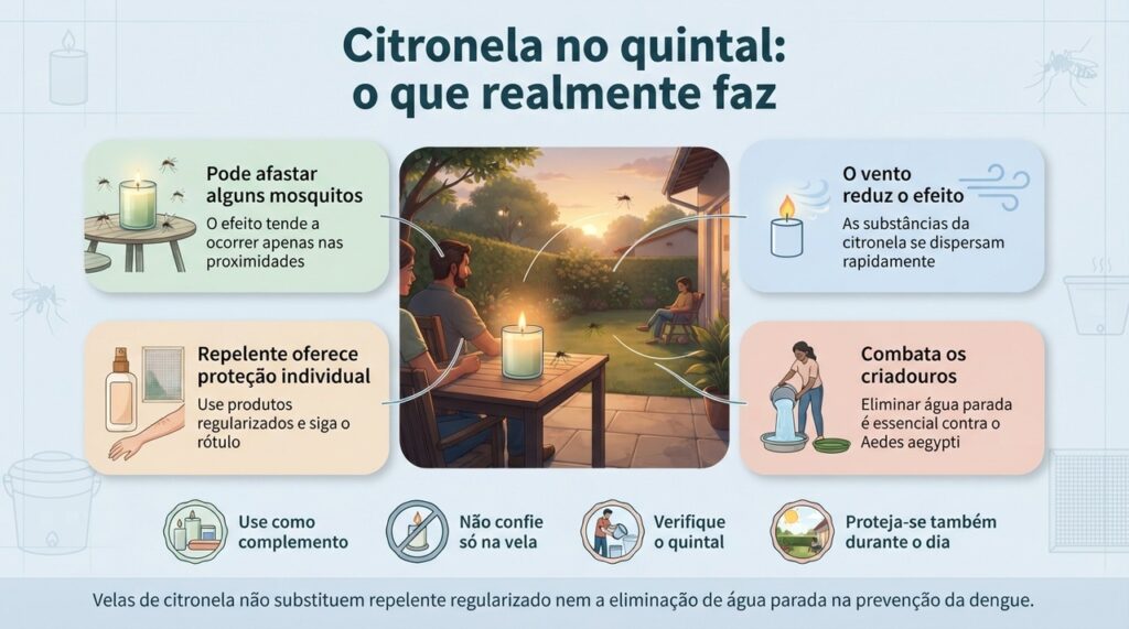 A citronela pode ter efeito limitado perto da vela, enquanto a prevenção da dengue depende principalmente de repelente adequado e combate à água parada.