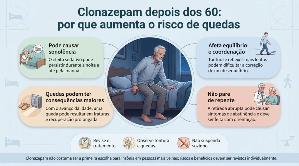 Clonazepam pode aumentar sonolência, tontura e dificuldade de coordenação, por isso o tratamento deve ser revisto com cuidado em pessoas mais velhas.