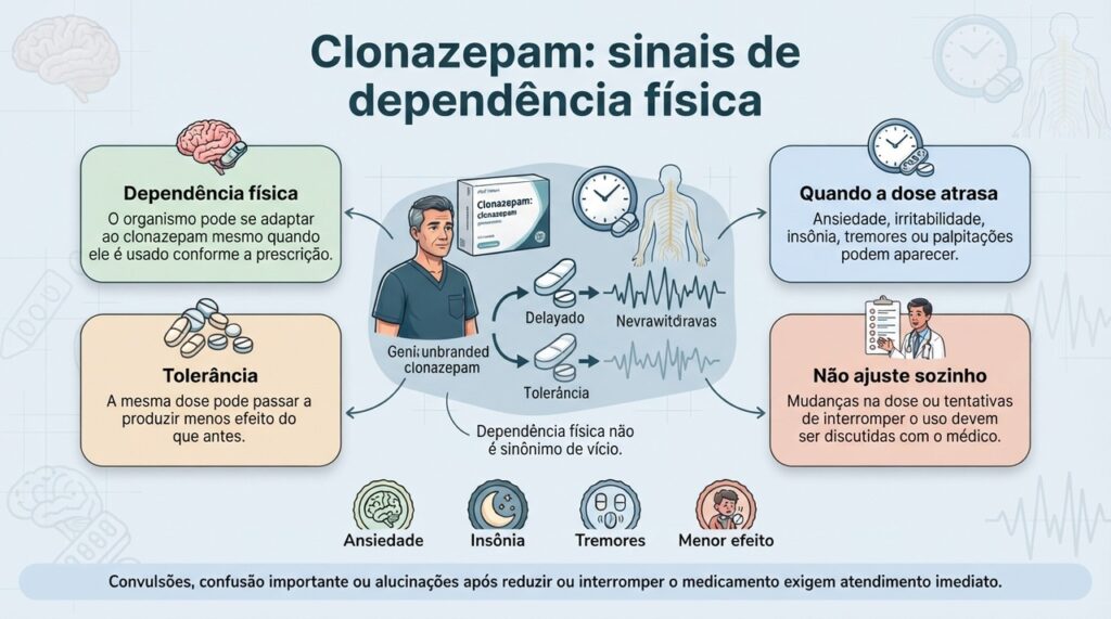 Dependência física pode aparecer como sintomas de abstinência quando a dose atrasa ou diminui, enquanto tolerância significa perda de efeito com o tempo.