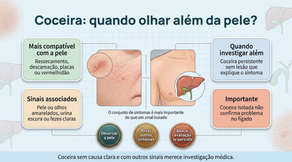A presença ou ausência de lesões e os sintomas associados ajudam a decidir quando a coceira precisa de investigação além da pele.