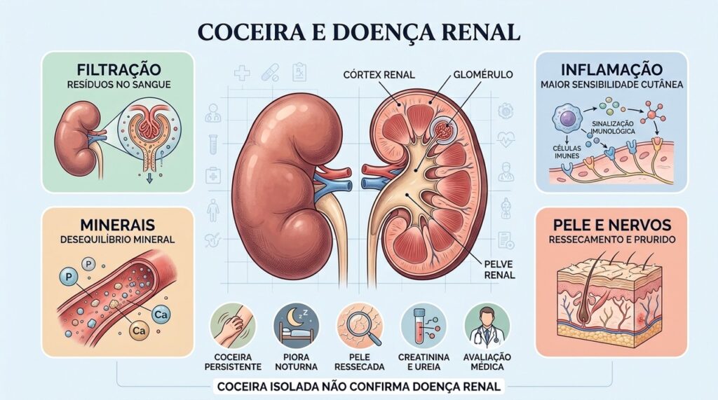 Alterações na filtração renal, inflamação e desequilíbrios minerais podem contribuir para a coceira persistente.