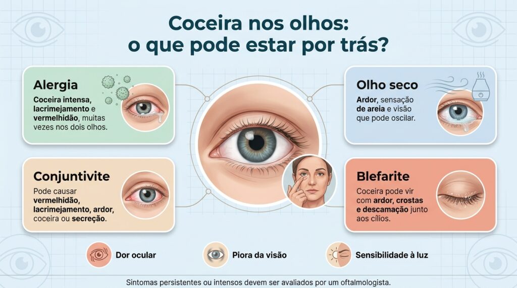 O padrão da coceira e os sintomas associados ajudam a diferenciar algumas das causas mais comuns.