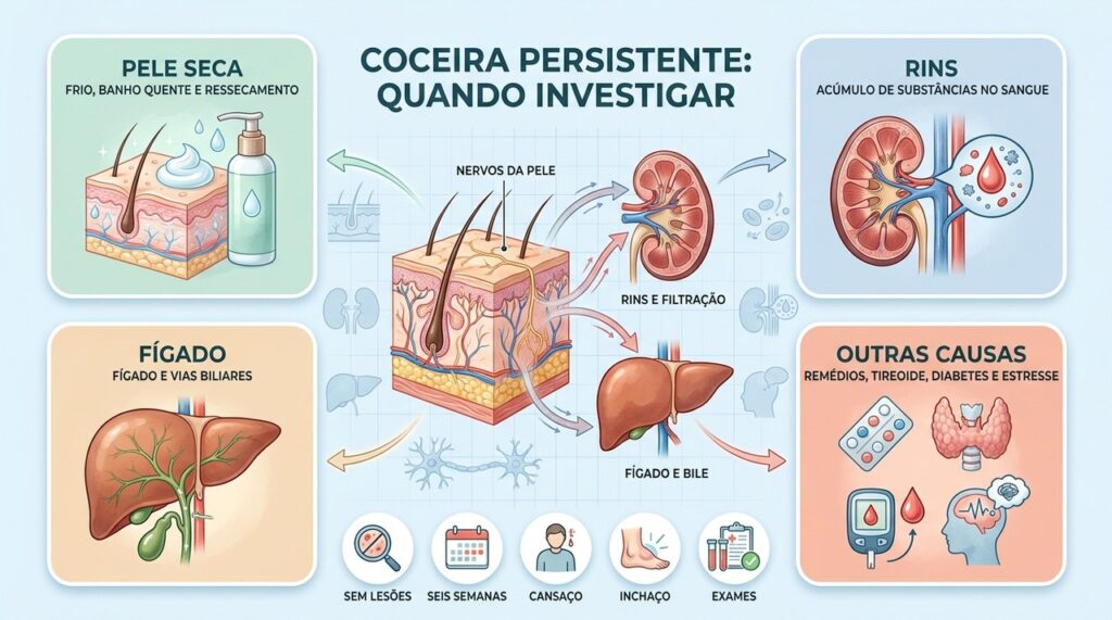 Pele seca é comum, mas coceira persistente pode exigir exames e investigação sistêmica.